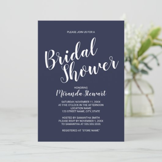 Modernes Script Navy Blue Brautparty Einladung (Stehend Vorderseite)