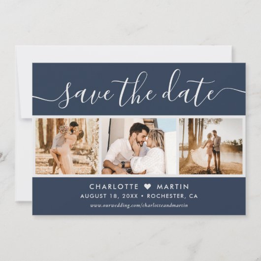 Modernes Script Navy Blue und Silver Wedding 4 Fot Save The Date (Vorderseite)