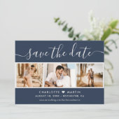 Modernes Script Navy Blue und Silver Wedding 4 Fot Save The Date (Stehend Vorderseite)