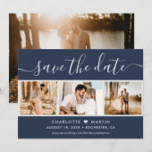 Modernes Script Navy Blue und Silver Wedding 4 Fot Save The Date (Vorne/Hinten)