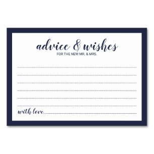 Modernes Script Navy Blue Wedding Advice und Wünsc Tischnummer