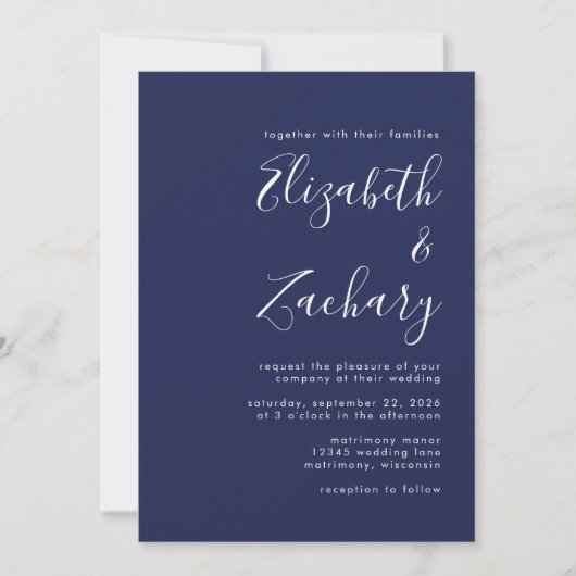 Modernes Script Navy Blue Wedding Einladung (Vorderseite)