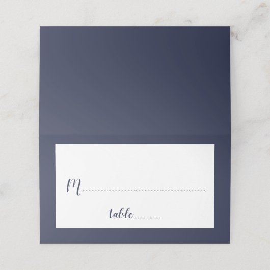 Modernes Script Navy Blue Wedding Platzkarte (Außenseite Aufgefaltet)