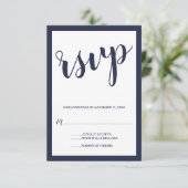 Modernes Script Navy Blue Wedding RSVP (Stehend Vorderseite)