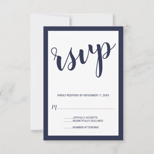 Modernes Script Navy Blue Wedding RSVP Karte (Vorderseite)