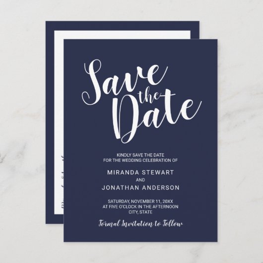 Modernes Script Navy Blue Wedding speichern das Da Ankündigungspostkarte (Vorne/Hinten)