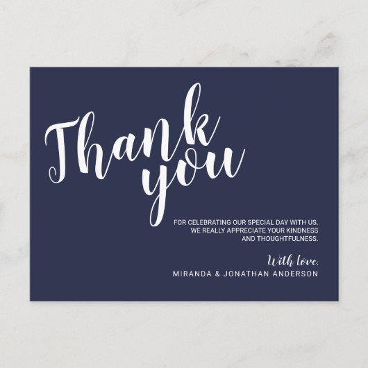 Modernes Script Navy Blue Wedding Vielen Dank Postkarte (Vorderseite)