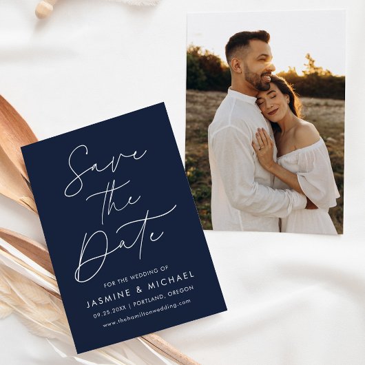 Modernes Script-Navy-Foto Save The Date