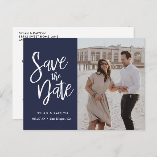 Modernes Script Navy Minimalistisches Foto Save th Ankündigungspostkarte (Vorne/Hinten)
