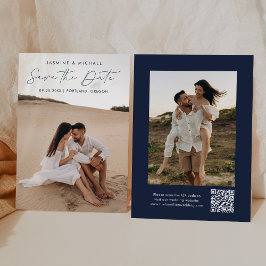 Modernes Script Navy QR Code 2 Foto Save The Date