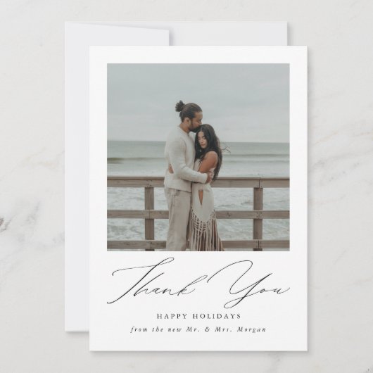 Modernes Script neu verheiratet Holidays Beach Fot Dankeskarte (Vorderseite)