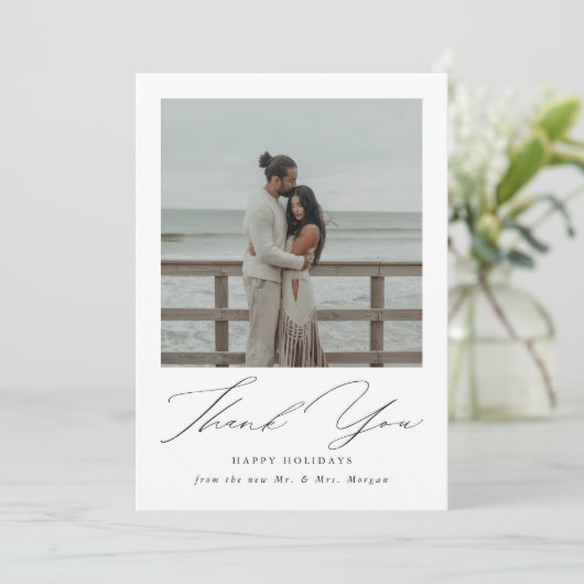 Modernes Script neu verheiratet Holidays Beach Fot Dankeskarte (Stehend Vorderseite)