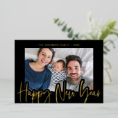 Modernes Script Neujahr Foto Black Gold Folien Feiertagskarte (Stehend vorne)