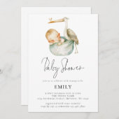 Modernes Script Niedlich Stork und Baby Shower Einladung (Vorne/Hinten)