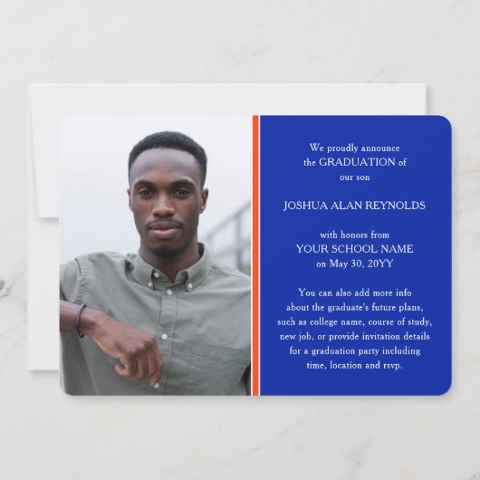 Modernes Script Orange und Blue 4 Foto Abschluss Ankündigung (Rückseite)