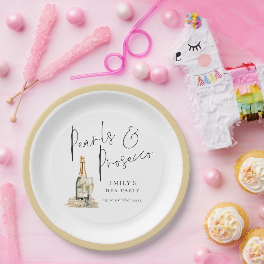 Modernes Script Pearls und Prosecco Hen Party Pappteller (Party)