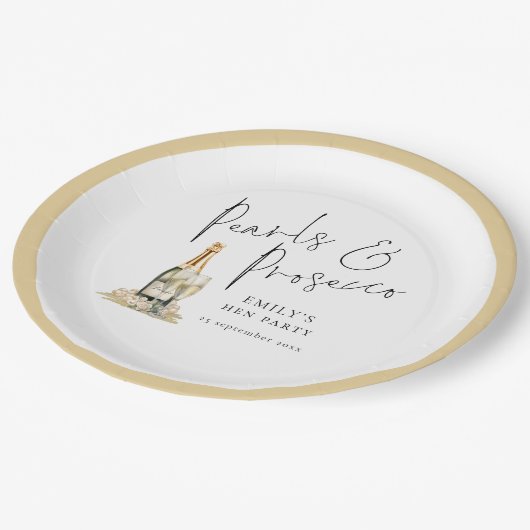Modernes Script Pearls und Prosecco Hen Party Pappteller (Schrägansicht)