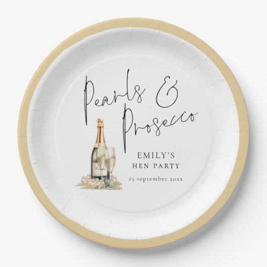 Modernes Script Pearls und Prosecco Hen Party Pappteller (Vorderseite)