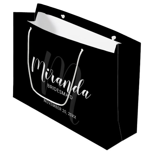 Modernes Script Personalisiert Bridesmaiers Black Große Geschenktüte (Vorderseite Schrägansicht)