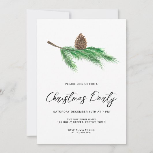 Modernes Script Pine Cone Weihnachts-Party Einladung (Vorderseite)
