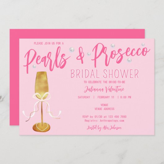 Modernes Script Pink Pearls & Prosecco Brautparty Einladung (Vorne/Hinten)