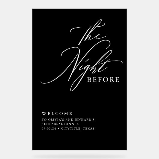 Modernes Script Probe Dinner Black Willkommen Acrylschild (Vorderseite)