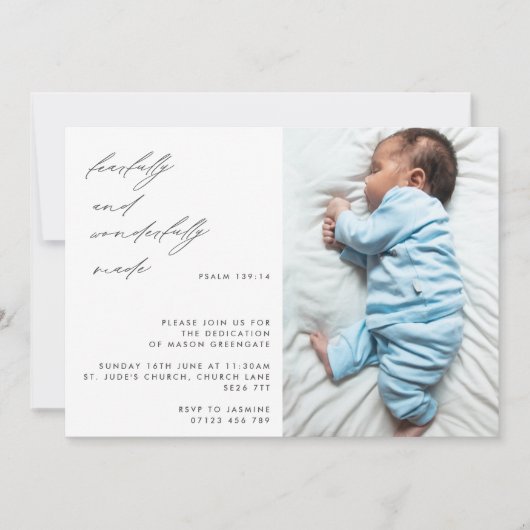 Modernes Script Psalm 139 Baby Dedication Foto Einladung (Vorderseite)