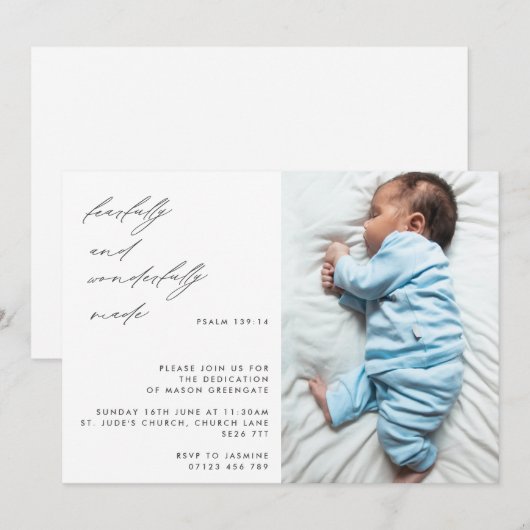 Modernes Script Psalm 139 Baby Dedication Foto Einladung (Vorne/Hinten)