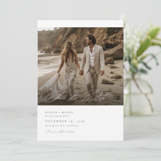 Modernes Script QR Code Foto Hochzeitssache speich Einladung (Stehend Vorderseite)