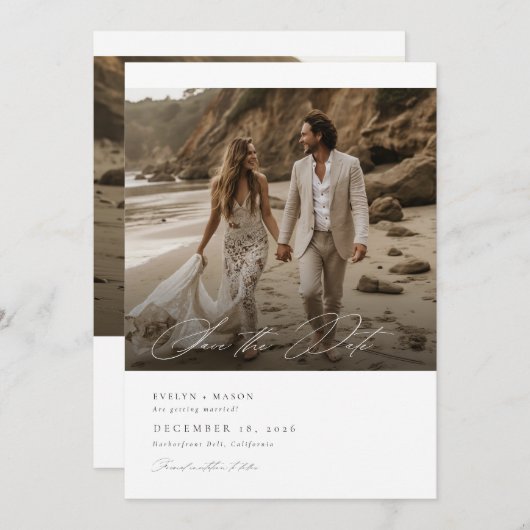 Modernes Script QR Code Foto Hochzeitssache speich Einladung (Vorne/Hinten)