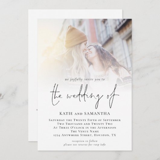 Modernes Script QR Code Foto Lesbische Hochzeit Einladung (Vorne/Hinten)