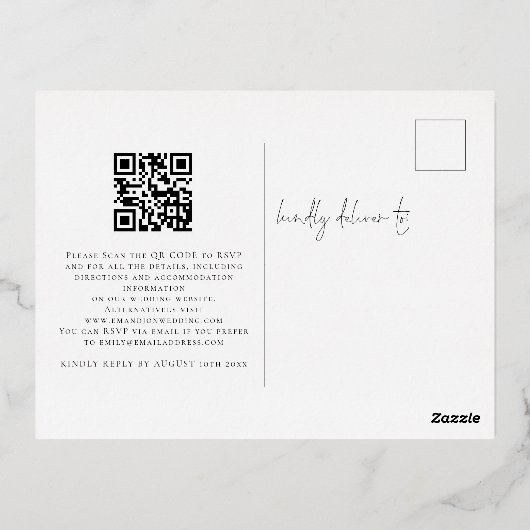 Modernes Script QR Code Hochzeit Real Folie Einladungspostkarte (Rückseite)