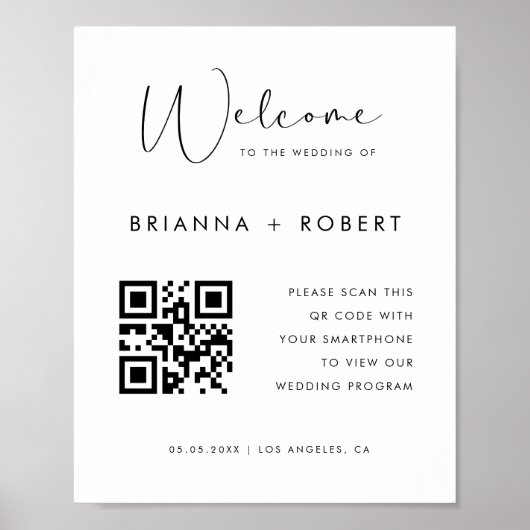 Modernes Script QR Code Hochzeitsprogramm Begrüßun Poster (Vorne)