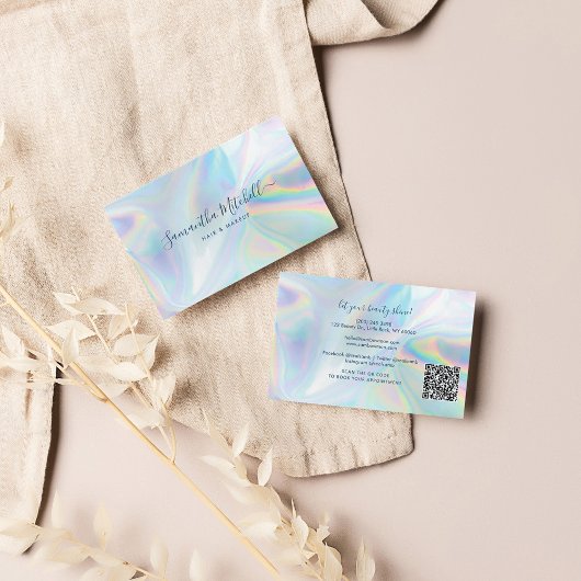 Modernes Script QR Code Holographic Hair Stylist Visitenkarte