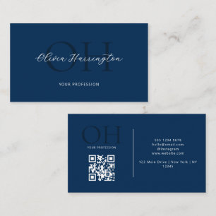 Modernes Script QR Code Navy Blue Monogram Visitenkarte