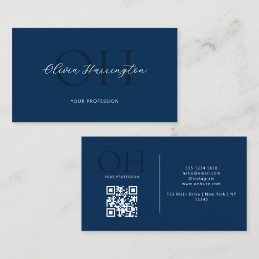 Modernes Script QR Code Navy Blue Monogram Visitenkarte (Vorne/Hinten)