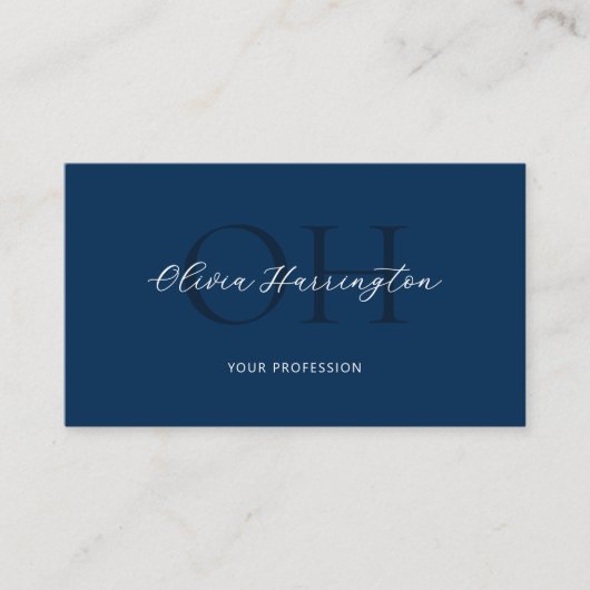 Modernes Script QR Code Navy Blue Monogram Visitenkarte (Vorderseite)