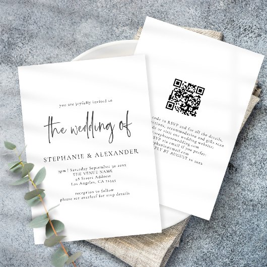 Modernes Script QR Code Schwarz-Weiß-Hochzeit Einladung