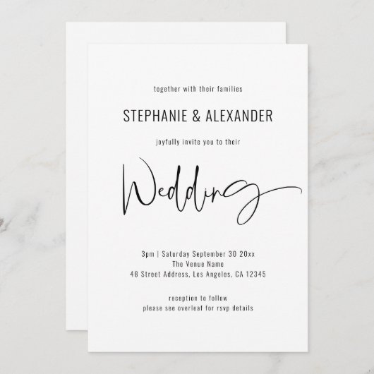 Modernes Script QR Code Schwarz-weiß Wedding Einladung (Vorne/Hinten)