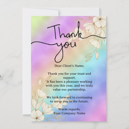 Modernes Script Rainbow Pastel Client Wertschätzun Dankeskarte (Vorderseite)