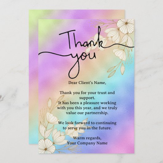 Modernes Script Rainbow Pastel Client Wertschätzun Dankeskarte (Vorne/Hinten)