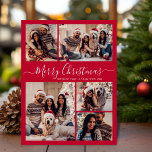 Modernes Script Red 5 Foto Collage Weihnachten Postkarte<br><div class="desc">Elegante, moderne 5 Foto Collage Urlaub Rote Weihnachtsfamilie Foto Postkarten. Dieses festliche, minimalistische, skurrile 5 (5) Foto Feiertagskarte Template verfügt über eine hübsche Gitter Foto Collage und sagt "Frohe Weihnachten"! Der "Frohe Weihnachten"-Grußtext ist in einer schönen Hand geschrieben, Wirble Swash-Schwanz-Schriftart-Skript auf roten Hintergrund geschrieben. Auf der Rückseite mit Ihrer Grußbotschaft...</div>