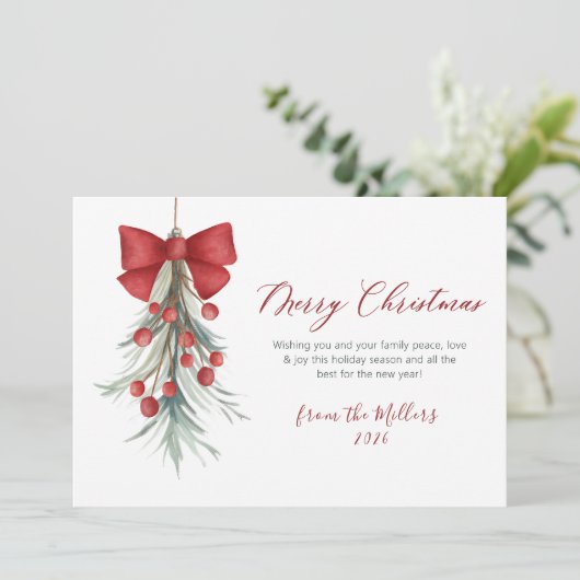 Modernes Script Red Berries Grün Weihnachten (Stehend Vorderseite)