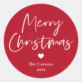 Modernes Script Red Christmas Card Envelope Runder Aufkleber (Vorderseite)