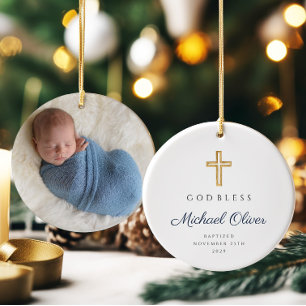 Modernes Script Religious Boy Baptism Foto Keramik Ornament
