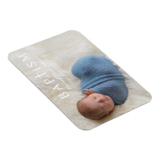 Modernes Script Religious Cross Boy Baptism Foto Magnet (Rechte Seite)