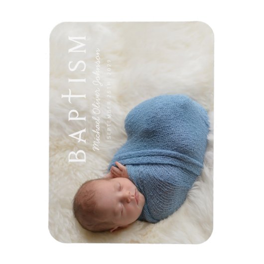 Modernes Script Religious Cross Boy Baptism Foto Magnet (Vertikal)