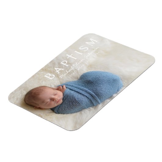 Modernes Script Religious Cross Boy Baptism Foto Magnet (Linke Seite)