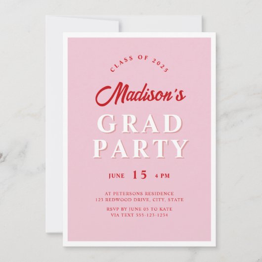 Modernes Script Rosa Red Edgy Graduation Party Fot Einladung (Vorderseite)