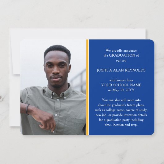 Modernes Script Royal Blue & Gold 4 Foto Abschluss Ankündigung (Rückseite)